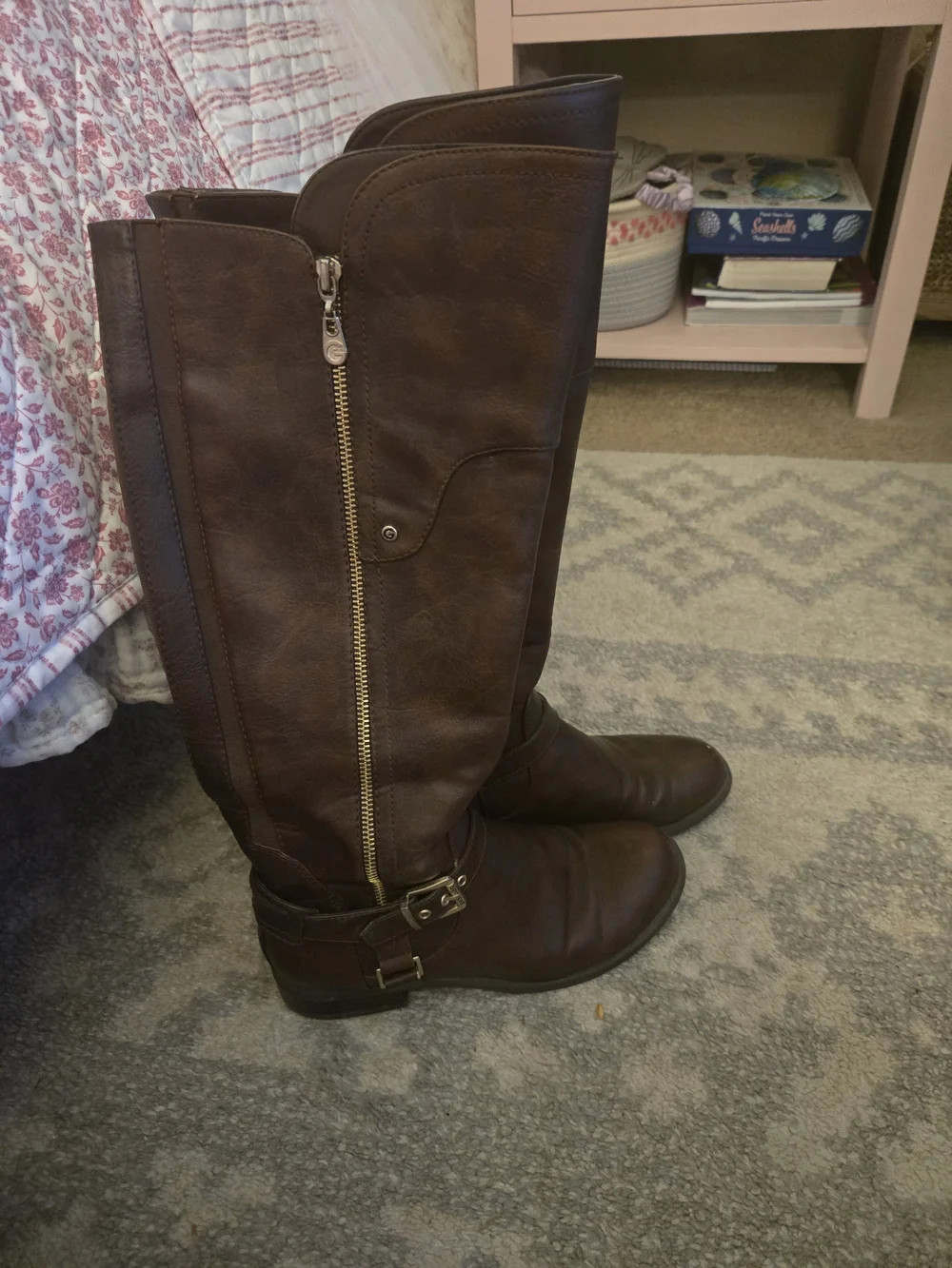 Y2K Guess Women's Over-the-Knee Brown Faux-Leather Boots with Side Zip